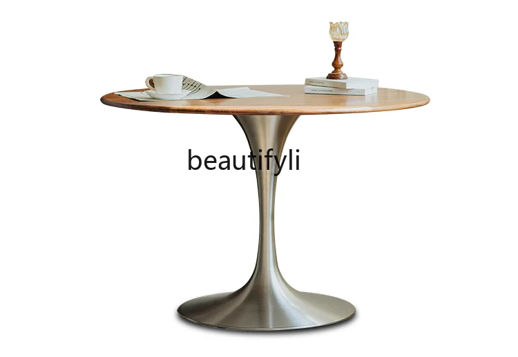 

Tulip round Table Black Walnut Dining Table 304 Stainless Steel Solid Wood Home Mid-Ancient Style Small Apartment Retro Table