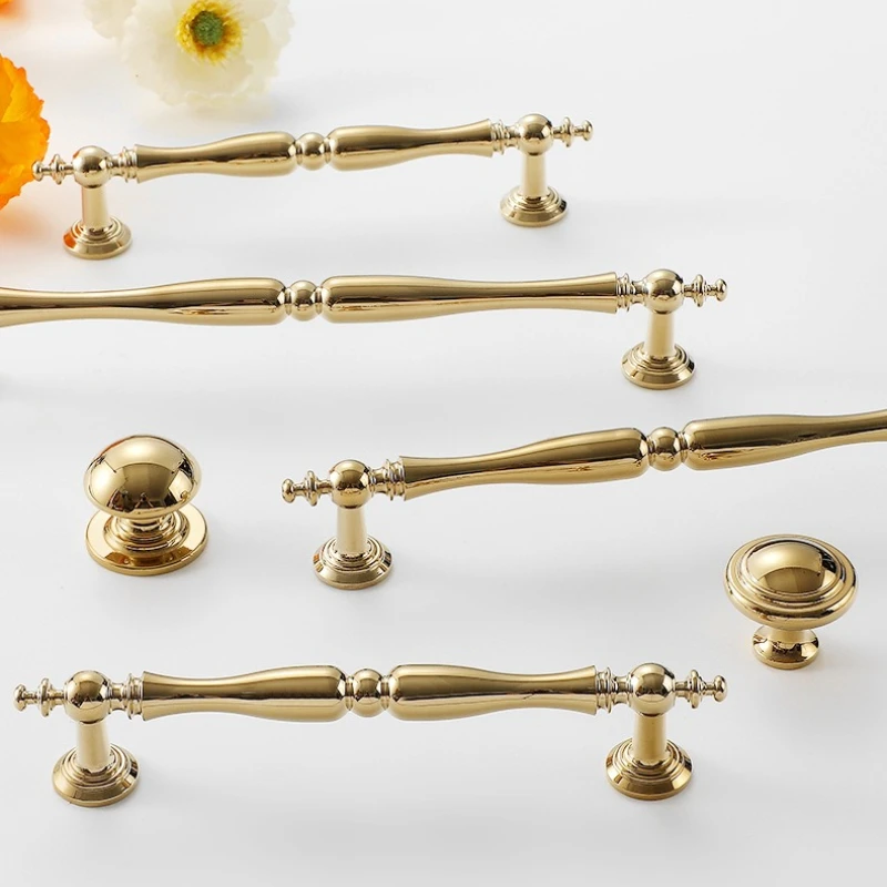 Gold Brass European and American Style Drawer Single Hole Kitchen Cabinet Door Handles French Luxury Pure Copper Wardrobe Handle
