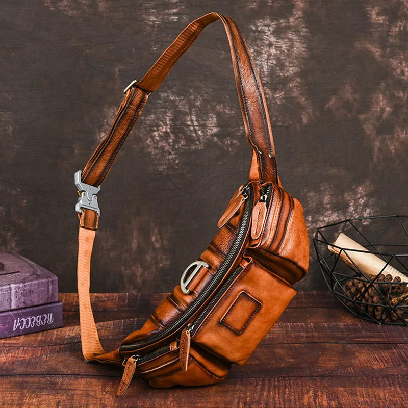 Handmade Genuine Leather Fanny Pack for Men Multi-Pocket Crossbody Sling Chest Bag Travel Daily Retro Cowhide Leather Waist Bag
