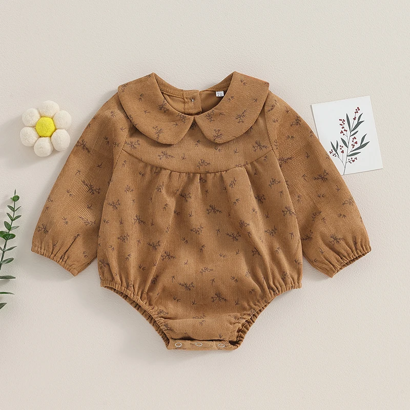 Baby Girl Romper Corduroy Floral Printed Doll Round Neck Bottom Snap Button Long Sleeve Warm Jumpsuit