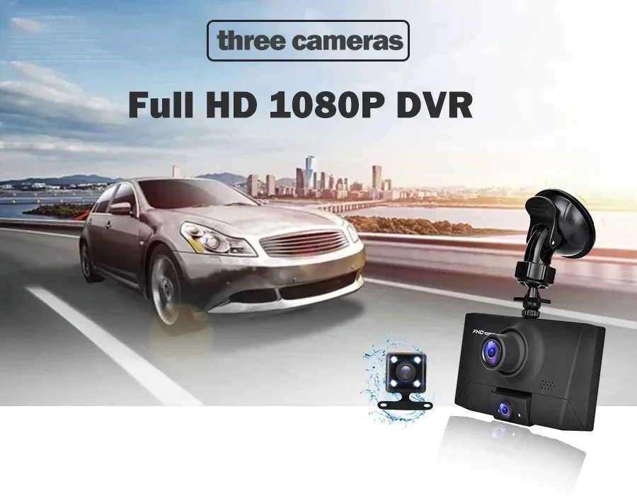 4'' Car Dashcam with 170 Wide Degree HD 1080P 3 Lens DVR WDR Night Vision Front Back Video Recorder Premium Quality DVR for Cars