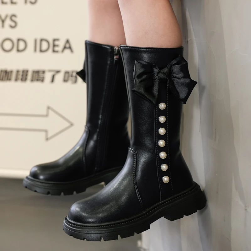 

Sweet Girls Fashion Leather Boots Elegant Bowknot Kids Causal School Catwalk Boots Princess Performance Children Mid-calf Boots