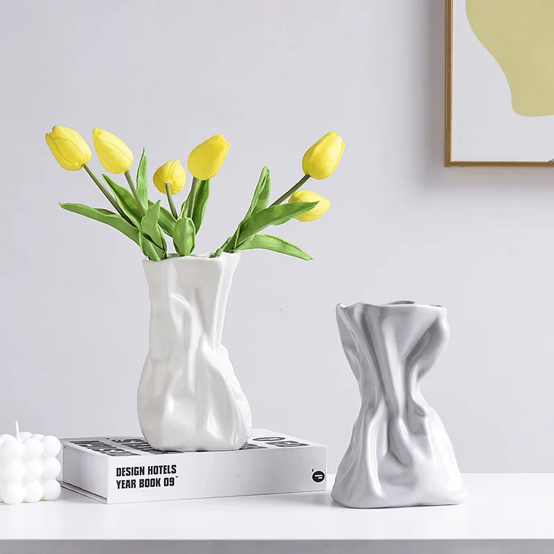 DIY Large Pleated Pocket Vase Silicone Mold Nordic Style Bag Shaped Vase Concrete Cement Gypsum Home Dec Silicone Mould