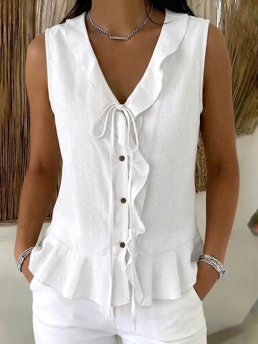 2026 EU US New V Neck Ruffle Tie Sleeveless Tank, Ruffle Hem Casual Women Top