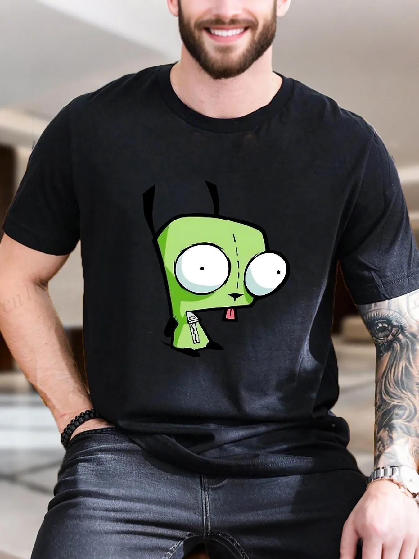 

New Arrival Fashion Men's Cotton Printed T-Shirt Whimsical Green Alien Design Breathable Soft for Casual Wear Comfortable