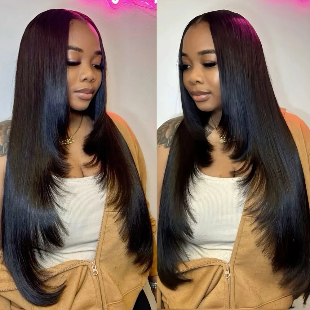 New Trendy Straight Layered Cut Human Hair Wigs With Drawstring 5x5 Lace Closure Wig Layered Glueless Pre plucked Frontal Wigs