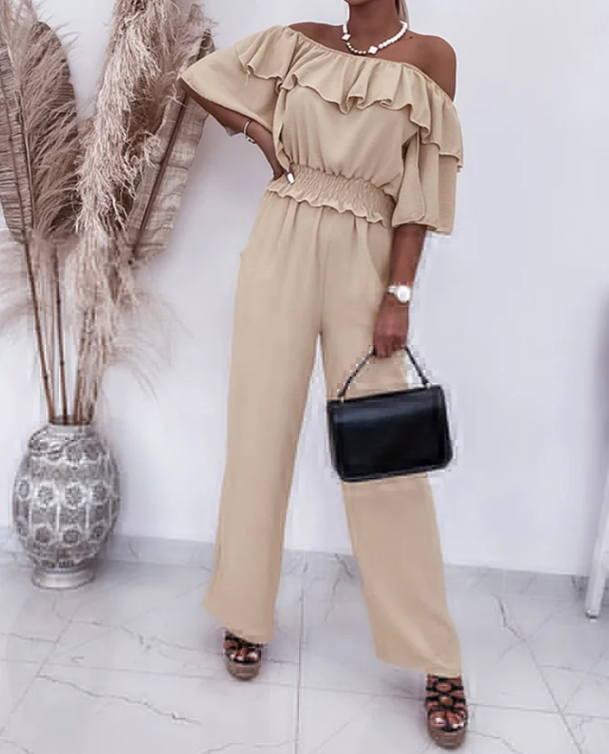 

Women's Fashion 2025 Spring Latest Unique 2 Pieces Outfit Off Shoulder Bell Sleeve Shirred Top and Casual Wide Legal Pants Set