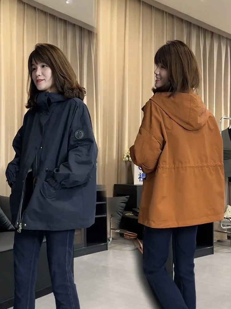Women's Mid-Length Cotton Jacket Coat Casual Loose Workwear Design Spring Autumn Season Zipper Closure Hooded Windbreaker