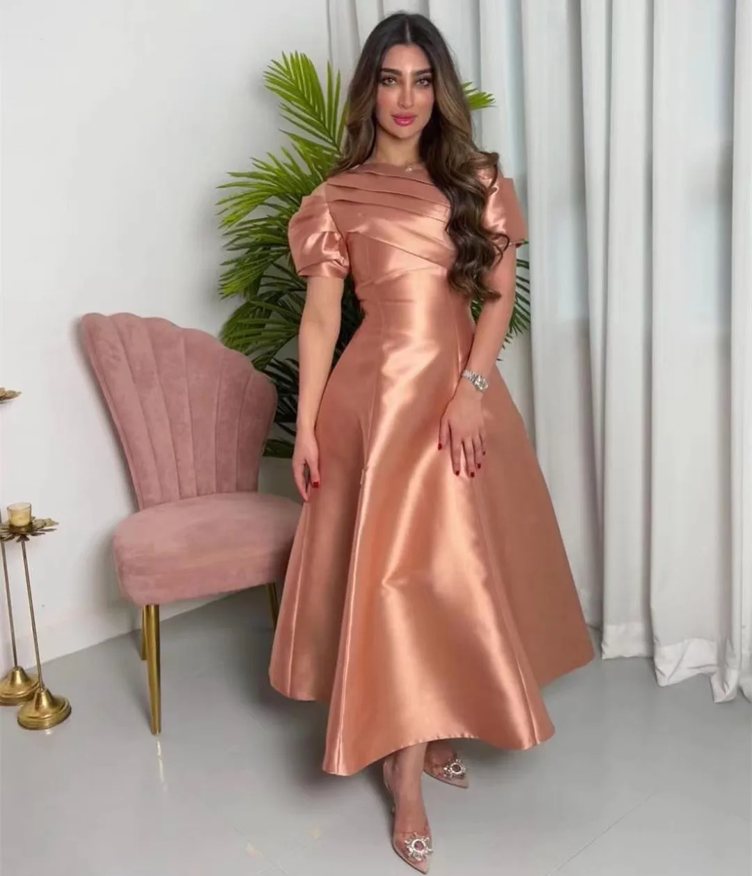 

Satin Ankle Length Prom Dresses O-Neck Short Sleeves Homecoming Party Birthday Gowns Ruched Zipper Back Graduation Formal Dress