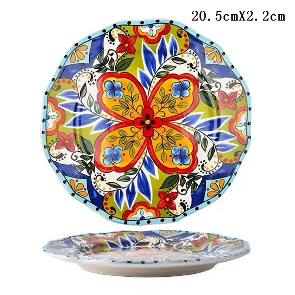 8 Inch Round Hand-painted Flower Ceramic Plate Fruit Salad Plate Dessert Steak Cuisine Kitchen Storage Decorative Tableware 1pc