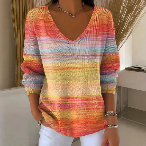 Women's Rainbow Stripe Knit Top Deep V-Neck Long Sleeve Colorful Gradient Pullover Drop Shoulder Casual Holiday Shirt