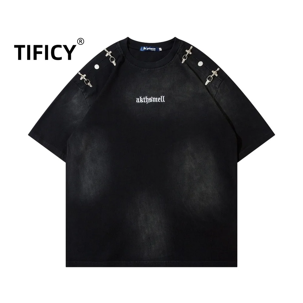 

High Street Hip-hop Short Sleeved T-shirt Men's Washed Metal Buckle Decoration Loose Fit Short Sleeve Tshirt Tops