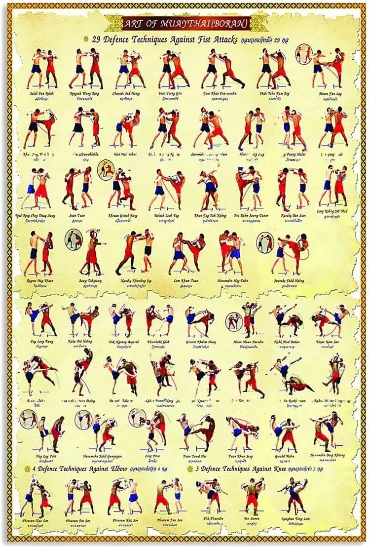 QSHPO Muay Thai Knowledge Metal Sign Club Decor 29 Defence Techniques Against Fist Attacks Posters Martial Arts Hall Home Wall D