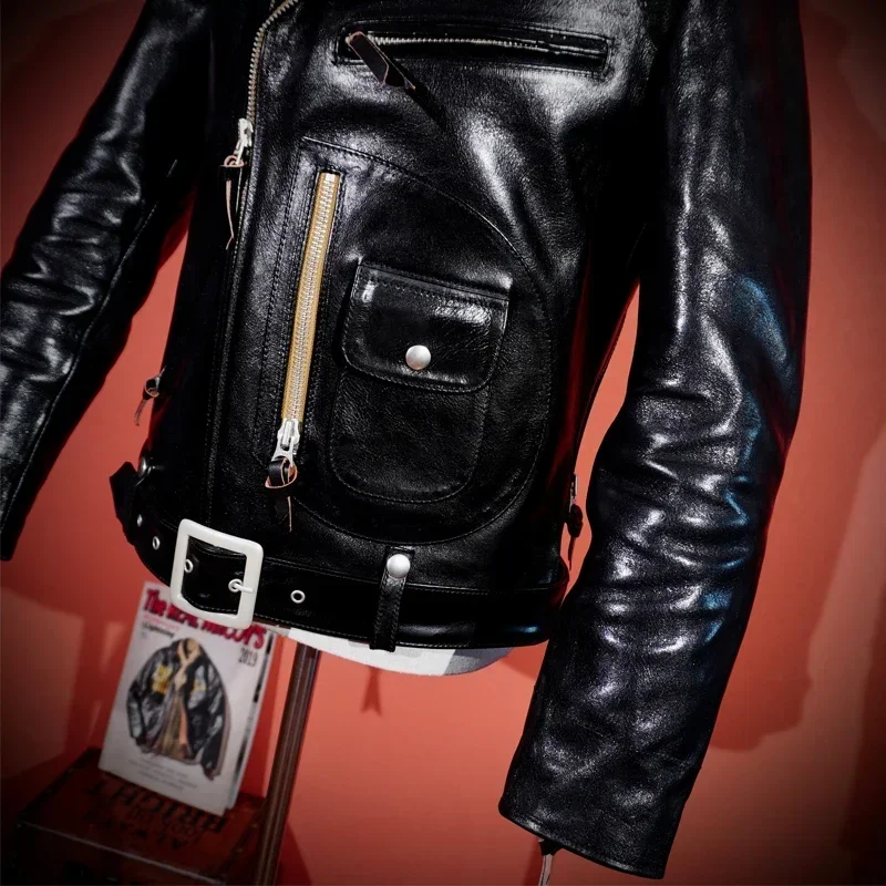 AnnualRing Japanese Tea Core Horse Leather J24 Cable-stayed J22 Men\'s Slim Biker Genuine Leather Jacket