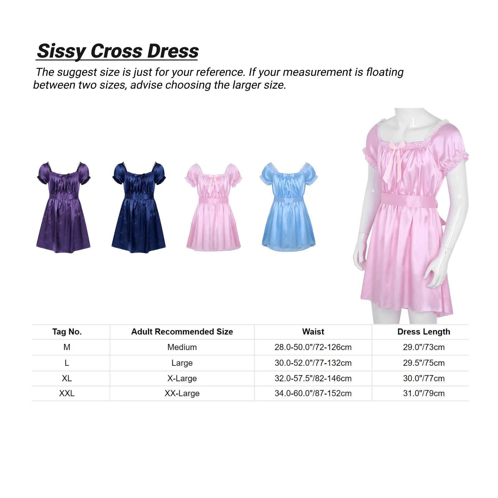 Mens Crossdressing Dress Shiny Satin Crossdresser Maid Dress Square Neck Short Sleeves Sissy Nightwear Underwear Nightdress