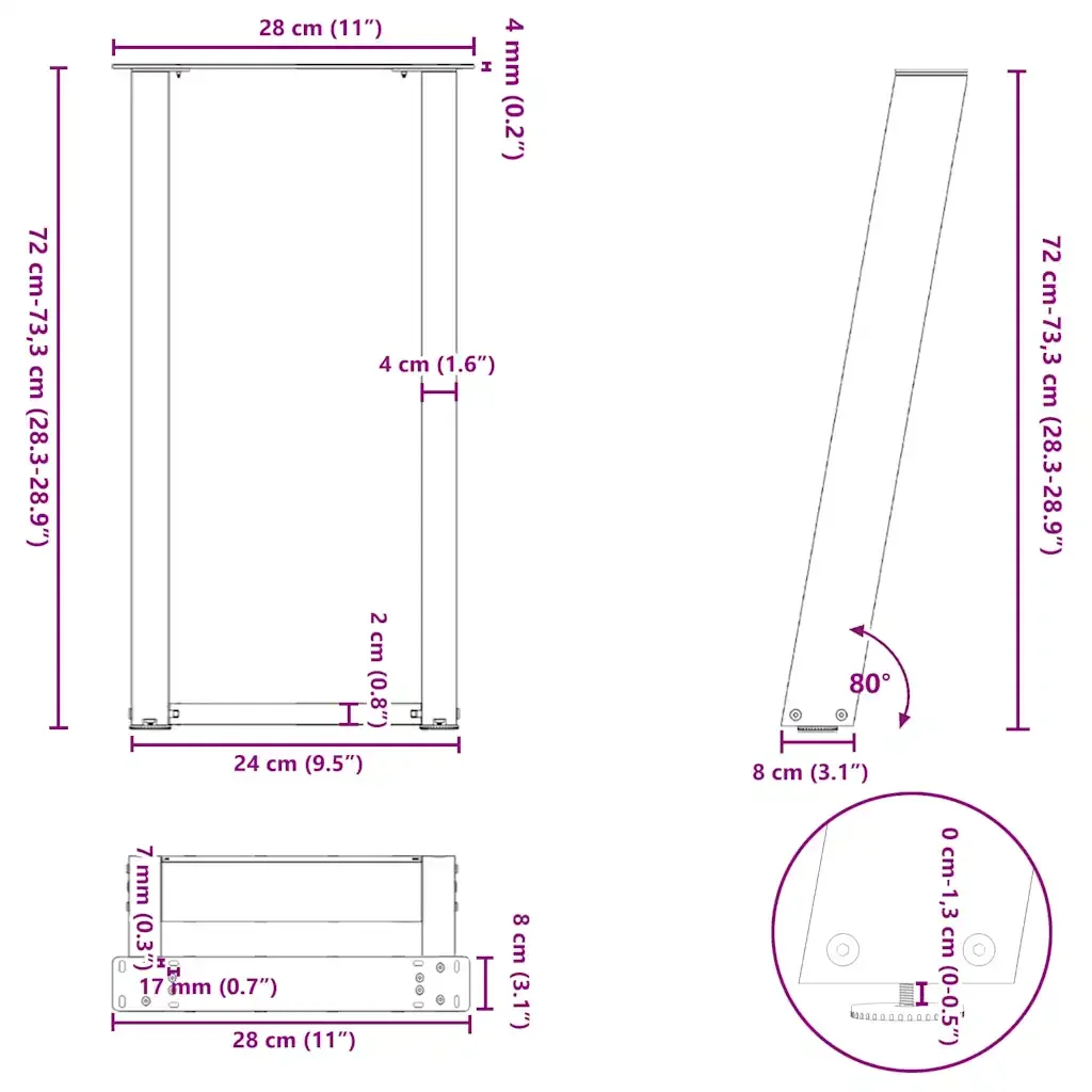 Pieds de table console en U, 2 pièces, anthracite, 28 x (72-73) cm, acier