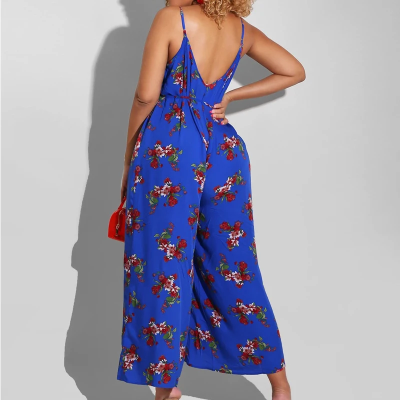 2023 New Floral Print Suspenders V-neck Loose Wide-leg Jumpsuit Sleeveless Wide-leg Jumpsuit High Waist Loose One-piece Jumpsuit