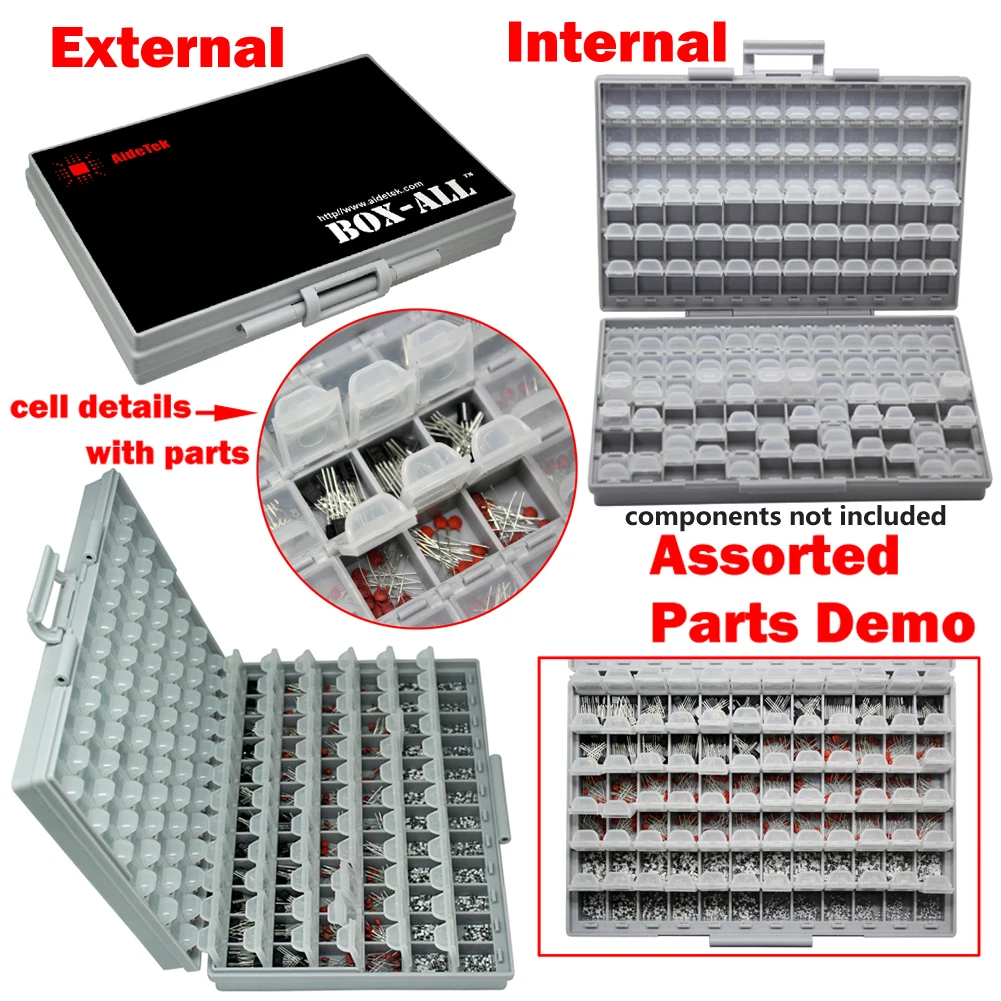 AideTek SMD Empty Storage Box Plastic Case Surface Mount Resistors Capacitors Small Compartments Tiny Organizer