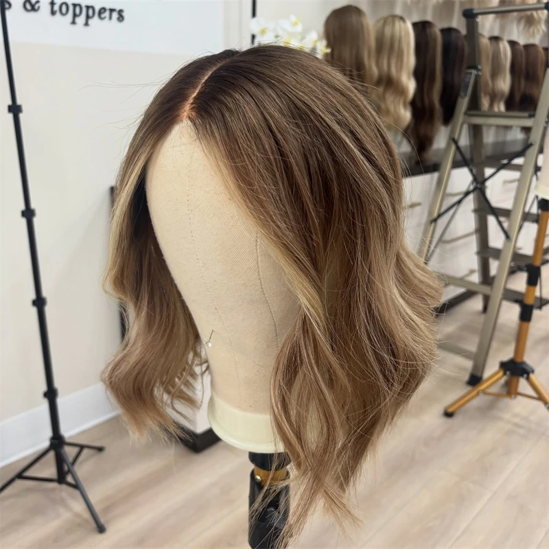 パーティーウィッグ ショートウェーブ ボブ オンブレ ブラウンブロンド ミドルパート 合成レースフロントウィッグ 生え際プレプラッキング済み 耐熱ファイバーウィッグ