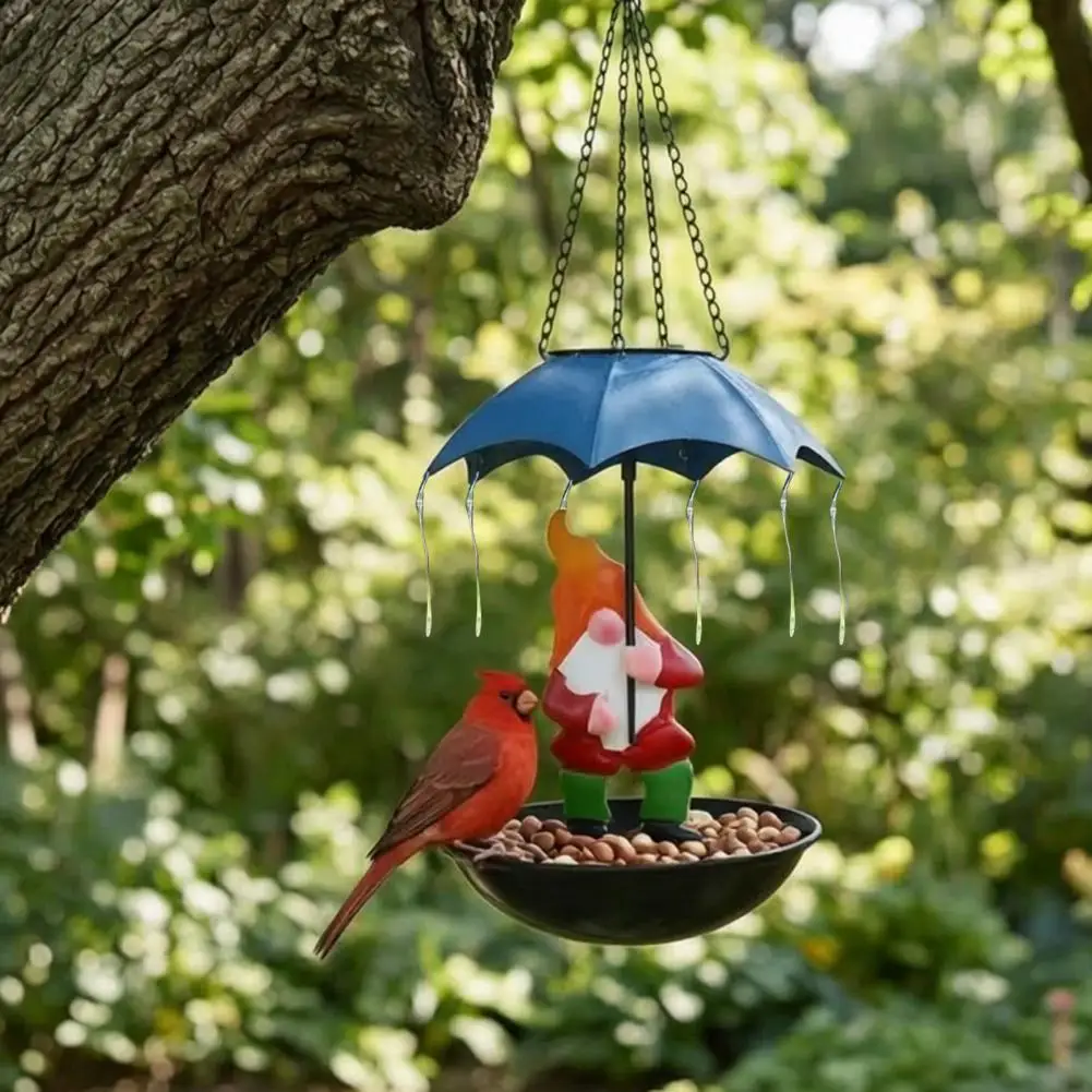 Outdoor Bird Feeder Solar Bird Feeder with Led Light Outdoor Garden Decoration Frog Figurine Dwarf Holding Umbrella Backyard