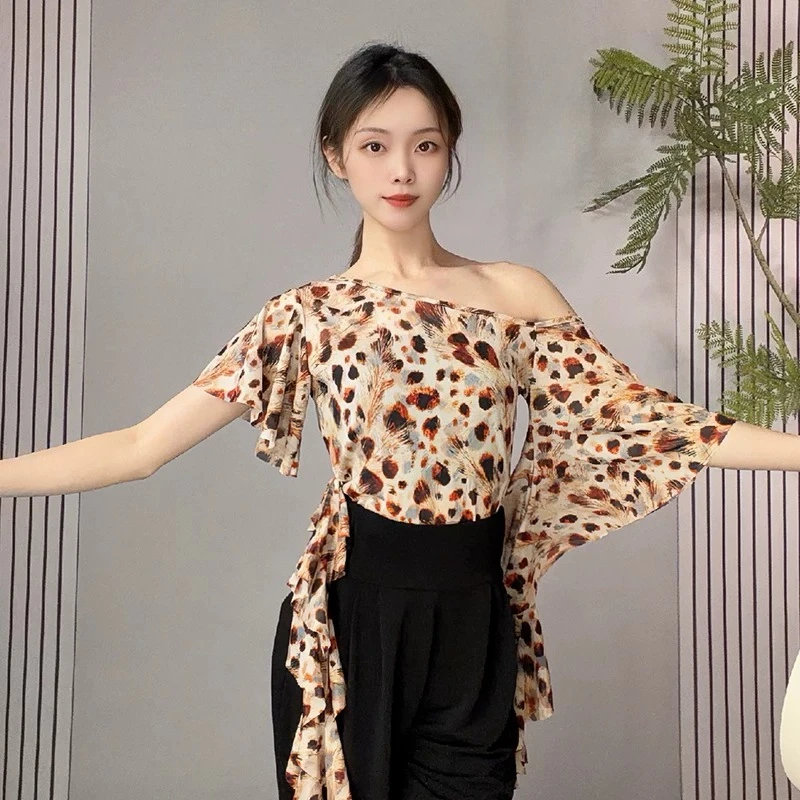 Women Leopard Print Latin Dance Top High End Elegant Slim Fit Social Dance Training Blouse Summer Breathable Dance Practice Wear