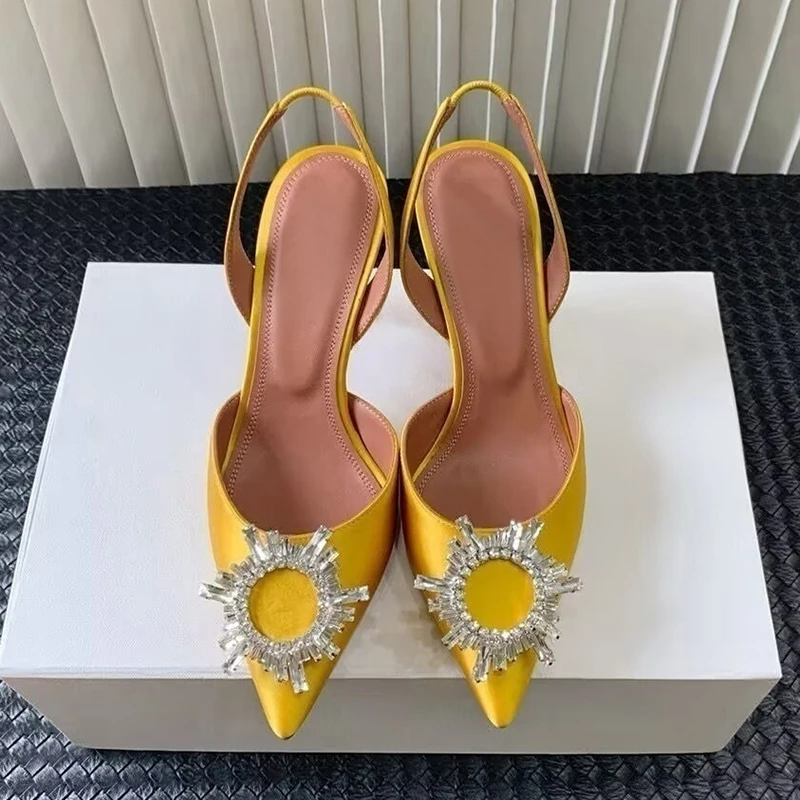 

New Women Satin Sexy Thin Hight Heels Sandals Pointed Toe Butterfly-knot Rhinestone Decor Sandalias Summer Party Dress Shoes
