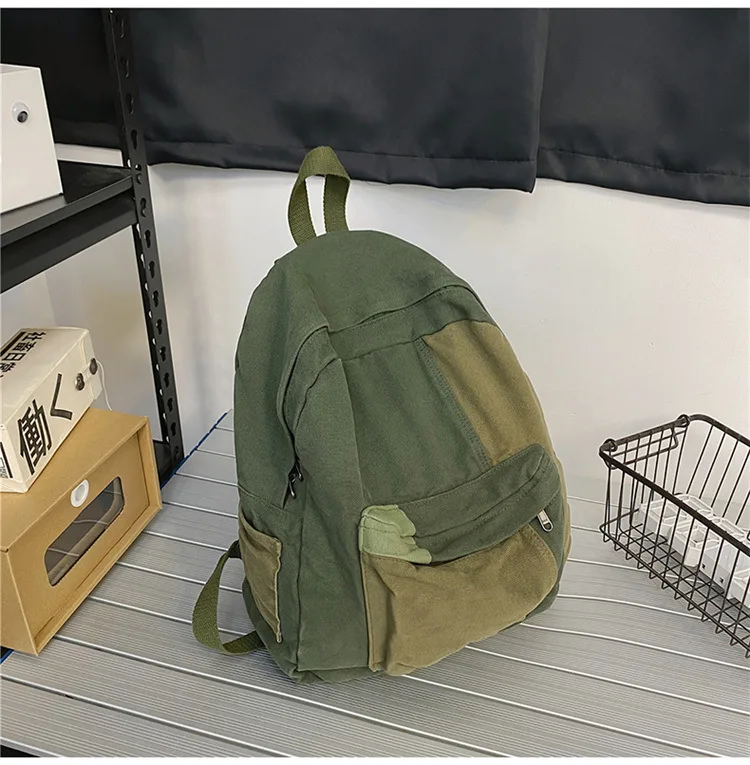 Contrast Color Block Canvas Backpack Large Capacity Casual School Travel Rucksack for Student Daily Use