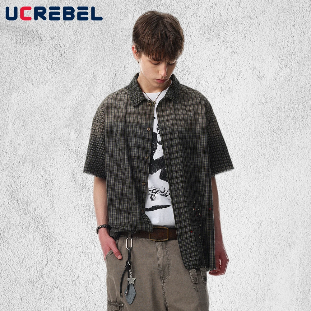 

Мужские хлопковые рубашки с коротким рукавом в клетку с необработанными краями, с вышивкой, в стиле ретро, летние, с отложным воротником, на одной пуговице, для уличной моды