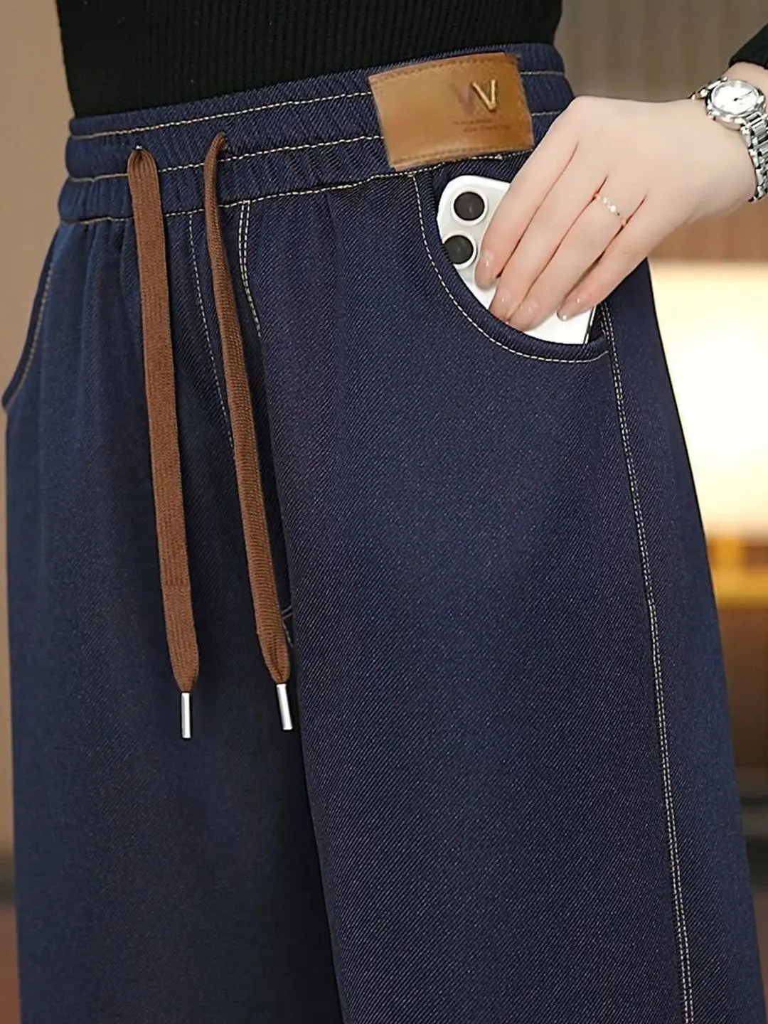 

Thiened Fce, осенне-зимние новые женские прямые широкие брюки с высокой талией, повседневные джинсы, теплые брюки