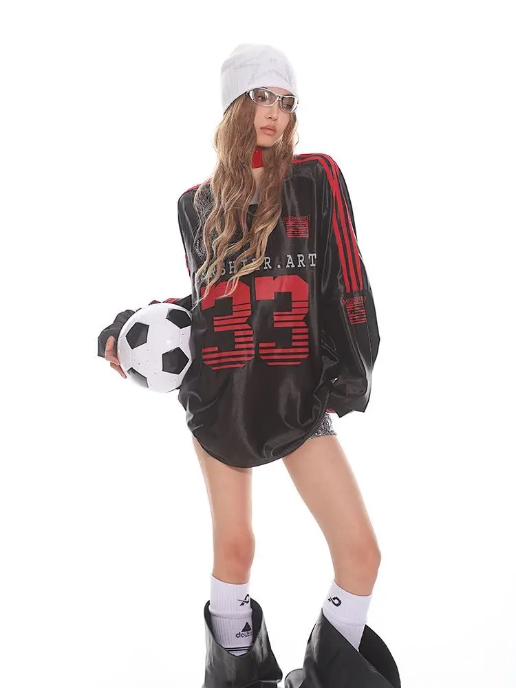 جديد الأمريكية الرجعية التباين اللون قميص رياضي بأكمام طويلة تي شيرت Y2K عادية فضفاض مخطط زوجين البلوفرات القمم الشارع الشهير