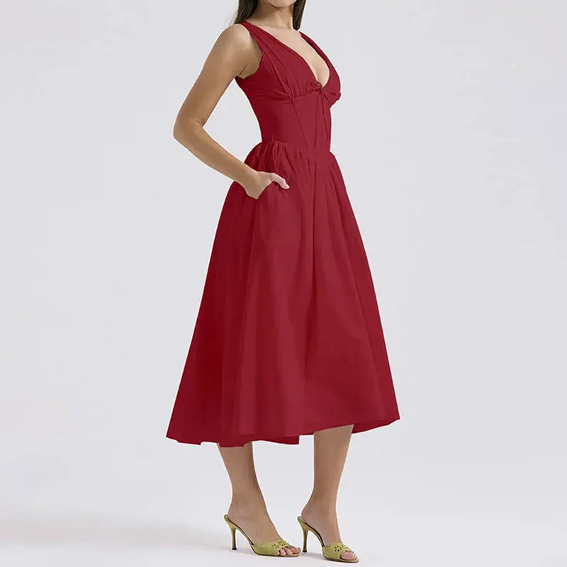 VEITCHE Summer Women Dress Sexy Deep V Neck Party Flowers Print Sleeveless Slim Midi Tank Dresses Beach Vacation Vestidos