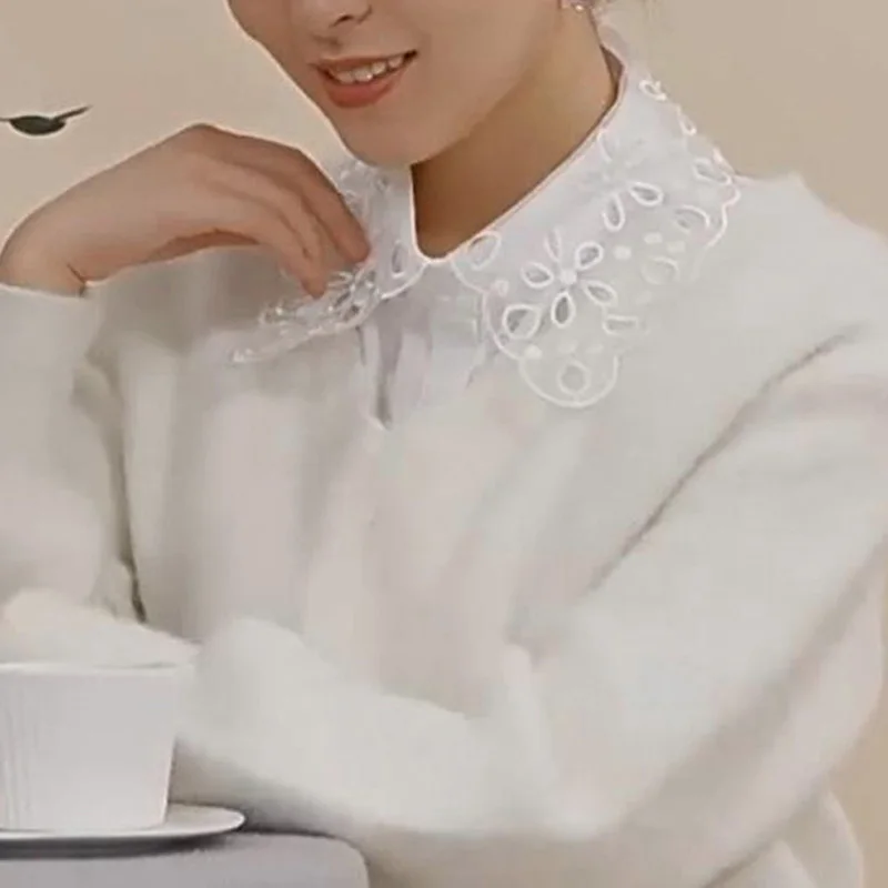 Chemise à fleurs blanches élégante, faux colliers pour femmes, en mousseline de soie, fait à la main, solide, col à revers détachable, mode dames, collier épais