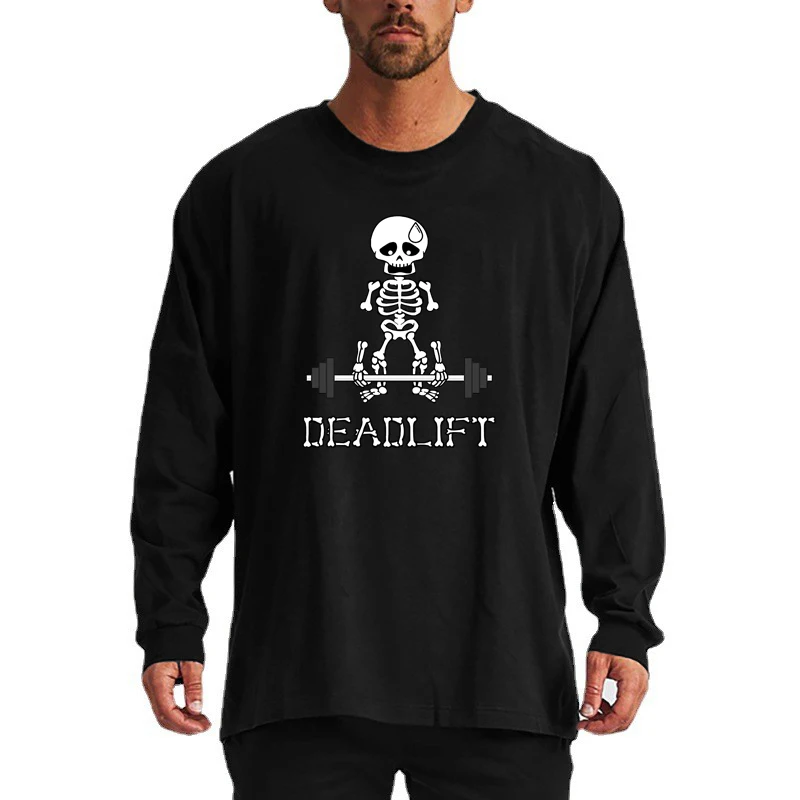 Human Skeleton Deadlift Barbell Gym Clothes Men Fitness Bodybuilding Oversized T-Shirt Cotton Breathable Long Sleeve Loose Shirt