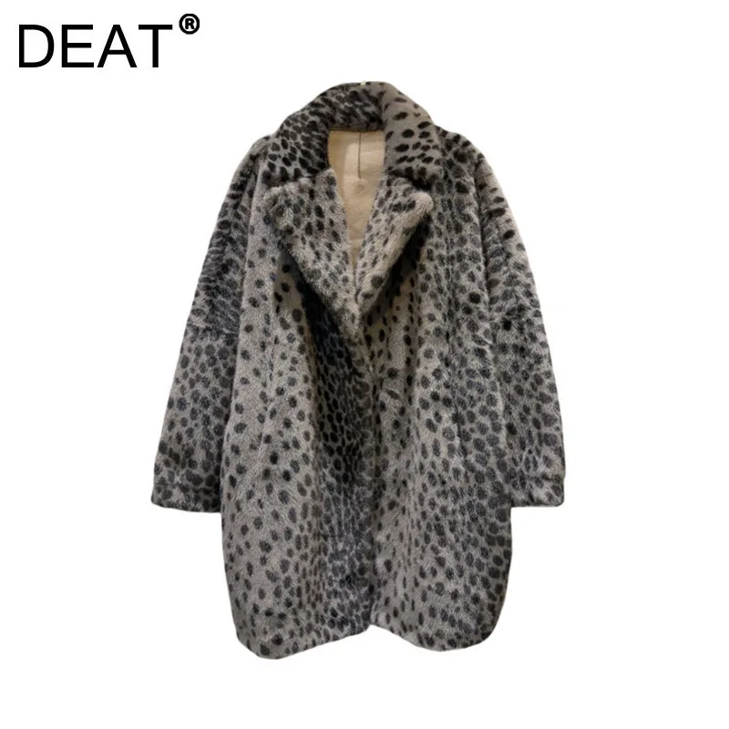 DEAT Women's Trench Coat Loose Notched Collar Leopard Pattern Faux Fur Thick Long Jackets 2024 Winter New Fashion 11A06193