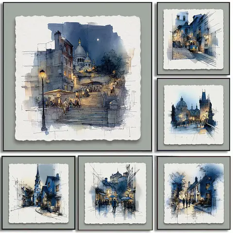 Bilashmart Watercolor Creativity Architecture New York Famous Night Street Busy Life Poster Canvas Paintings Wall Art Pictures Home Decor