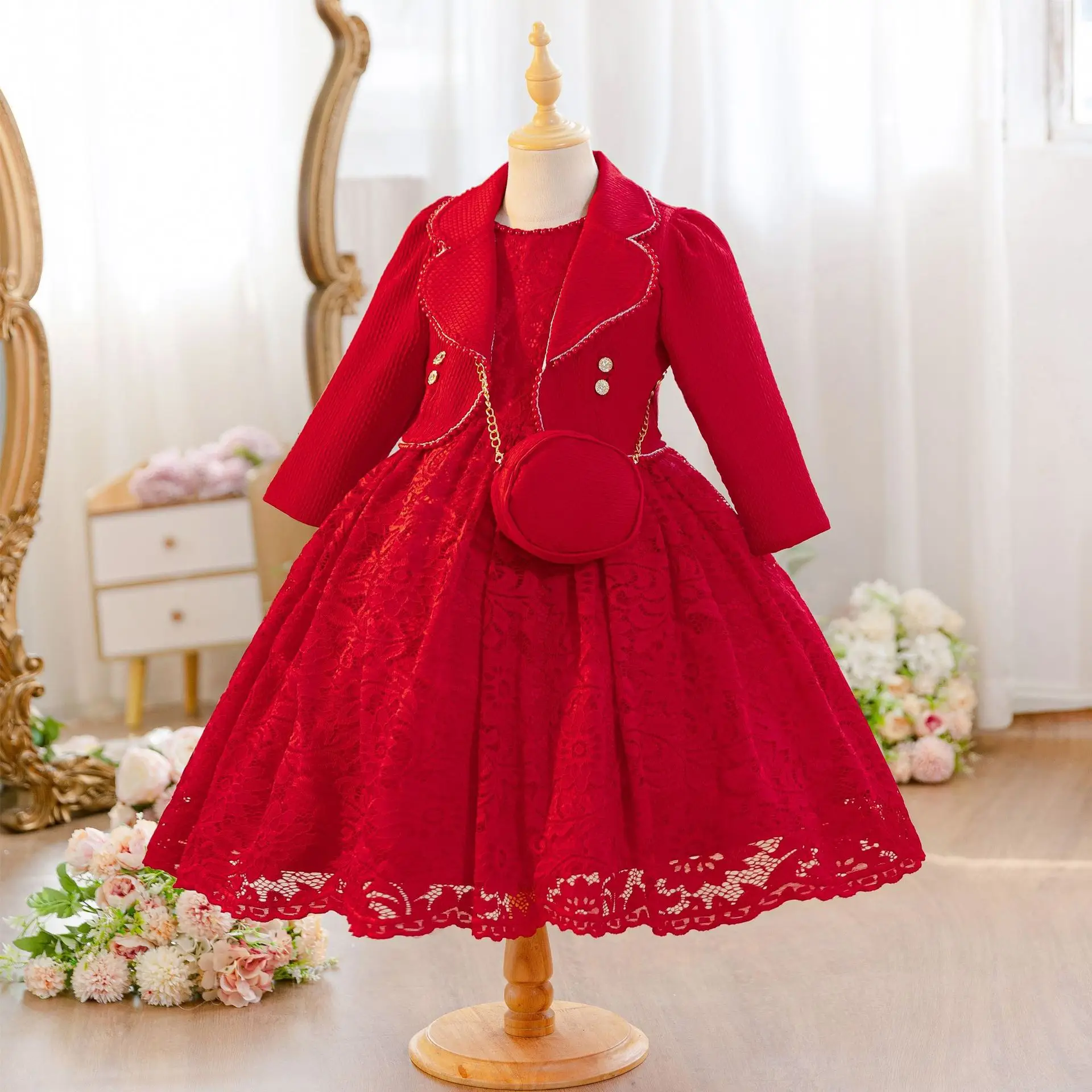 3 Pcs Set Princess Girls Party Dress Holiday Kid Lace Dresses with Elegant Bag for Kids