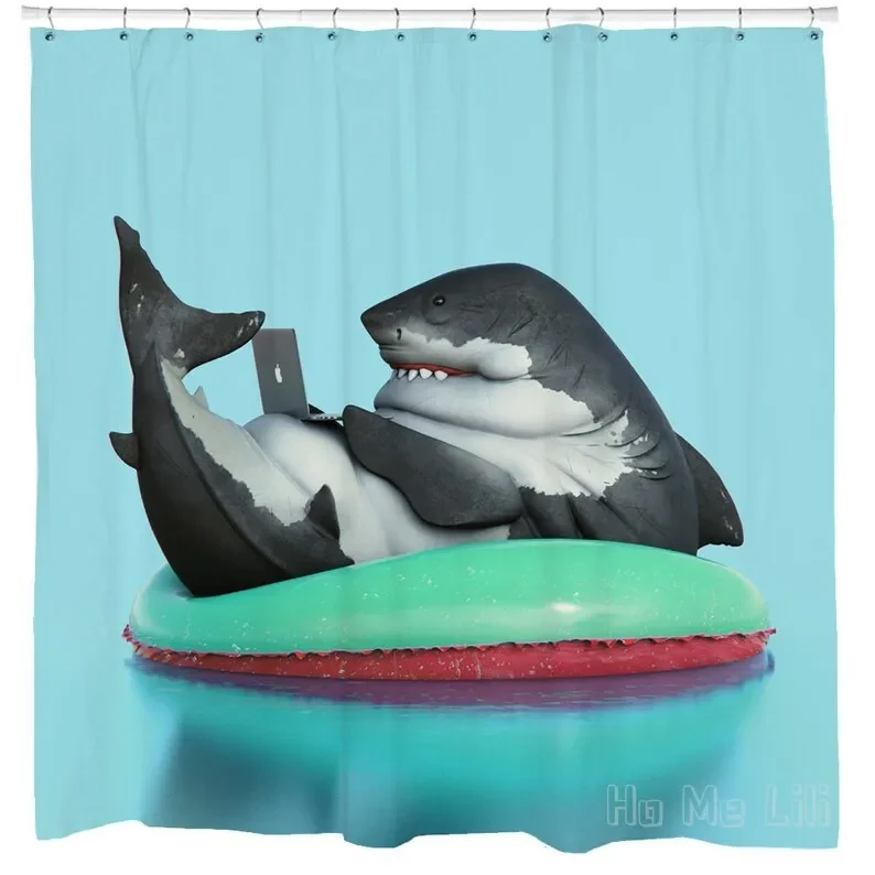 Shark Shower Curtain Funny Bathroom Hipster Art Quirky Decor Theme Whimsical