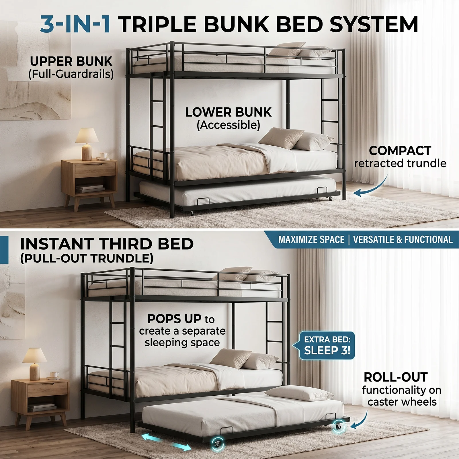 Bunk Bed with Trundle Twin Over Twin Bunk Iron Bed Frame with Dual Ladder and Safety Rails Space Saving Three-layer Bed Frame