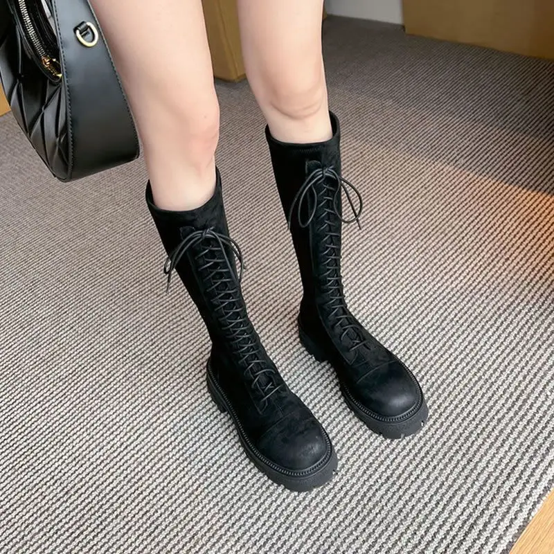 With Laces Elastic Women's Boots Footwear Winter Knee High Shaft Long Lace-up Black Shoes for Woman Round Toe 2024 Novelty New