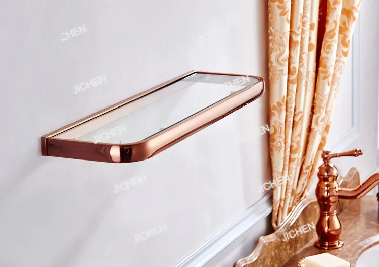 

Настенная полка для косметики из латуни с прямоугольным стеклянным поддоном, цвет розовое золото, для ванной комнаты