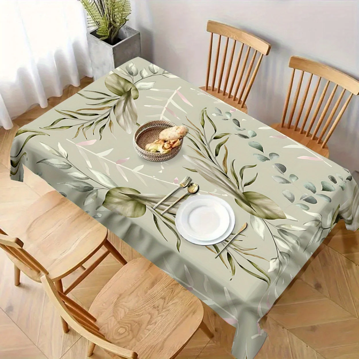 1pc Fresh and Cute Green Leaf Decorated Printed Tablecloth, Durable Polyester Fabric, Home Kitchen Tablecloth