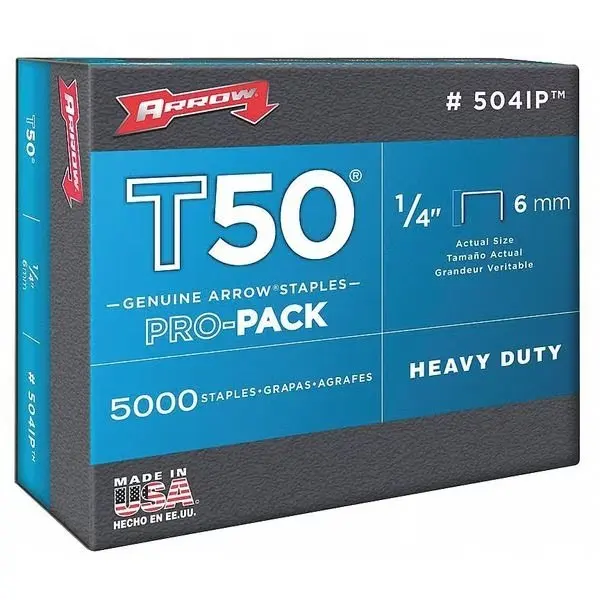 

Heavy Duty Staples, T50, 18 ga, Flat Crown, 1/4 in Leg L, Steel, 5000 PK