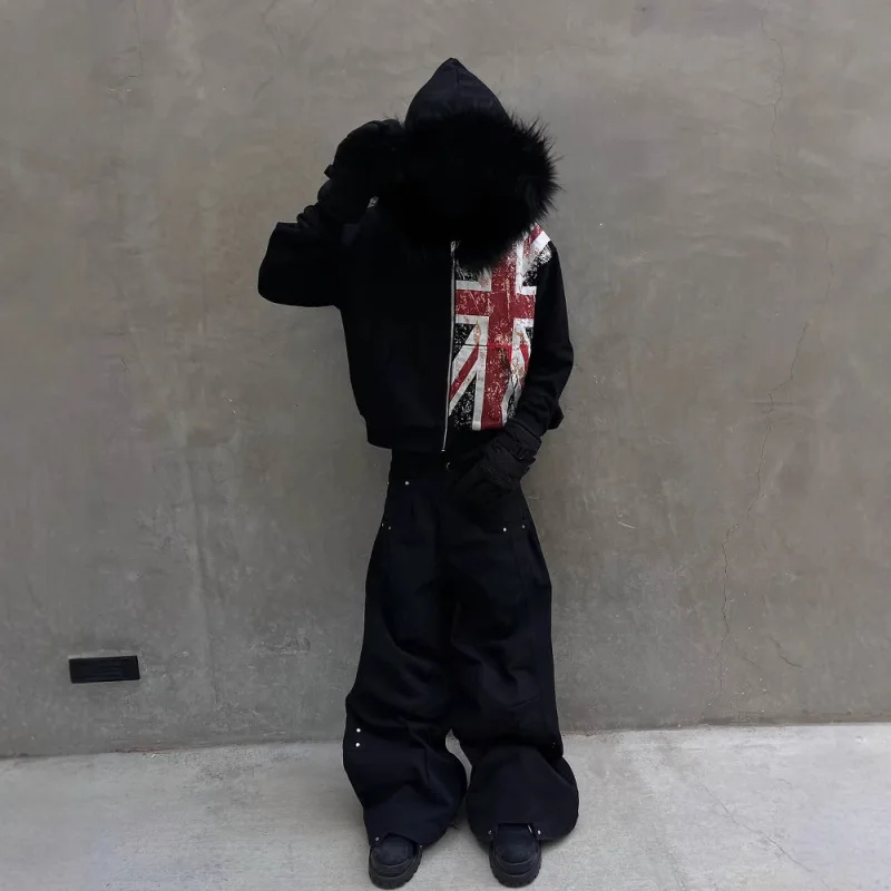 Übergroßer schwarzer Kapuzenpullover mit Kunstpelzkragen für Damen, 2025, Vintage-Stil, UK-Flagge, Aufdruck, Streetwear, Reißverschlussjacke, Gothic-Punk-Mode-Oberbekleidung