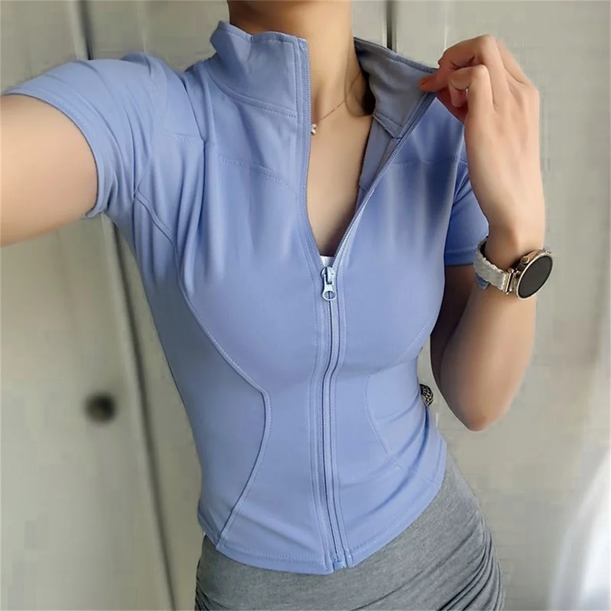 

Women Summer Slim Yoga Tops Stand Collar Full Zipper Short Sleeves Shirts Solid Workout Clothes Gym Running Coats Lady Casual