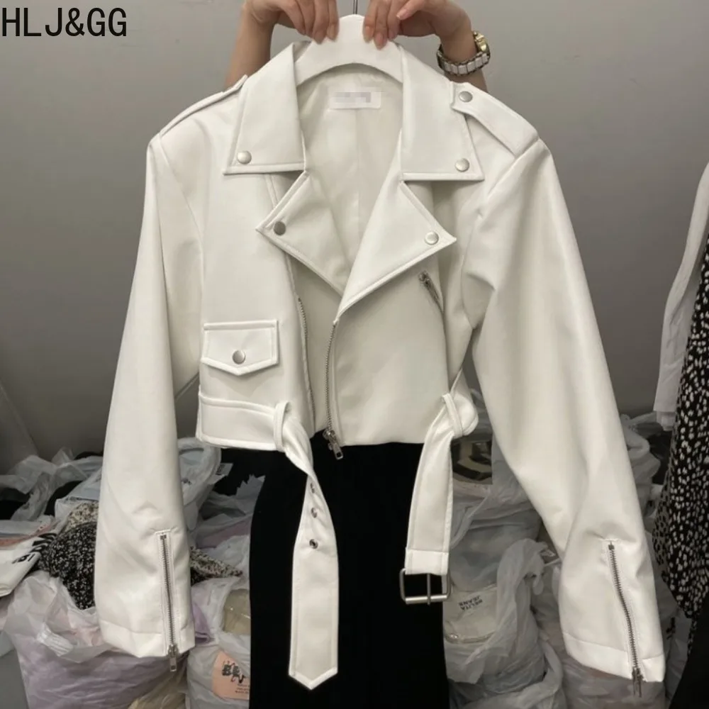 HLJ & GG سترة جلدية ربيعية للنساء مع طية صدر السترة وأكمام طويلة وسحاب معاطف قصيرة فضفاضة موضة ملابس نسائية متينة ملابس الشارع الشهير 2026