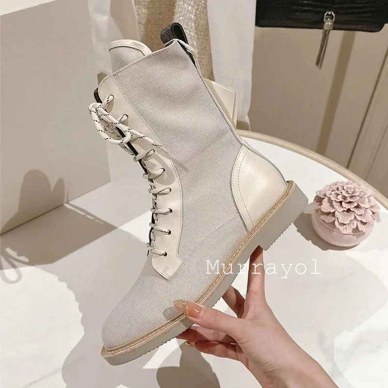 Canvas Splicing British Style Short Boots Women Round Toe Lace-up Flat Ankle Botas Autumn Winter Riding Boots Motorcycle Boots