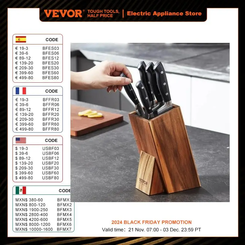 VEVOR Universal Knife Holder Acacia Wood Knife Block Extra Large Knife Storage Holder with PP Brush Multifunctional Knife Rack