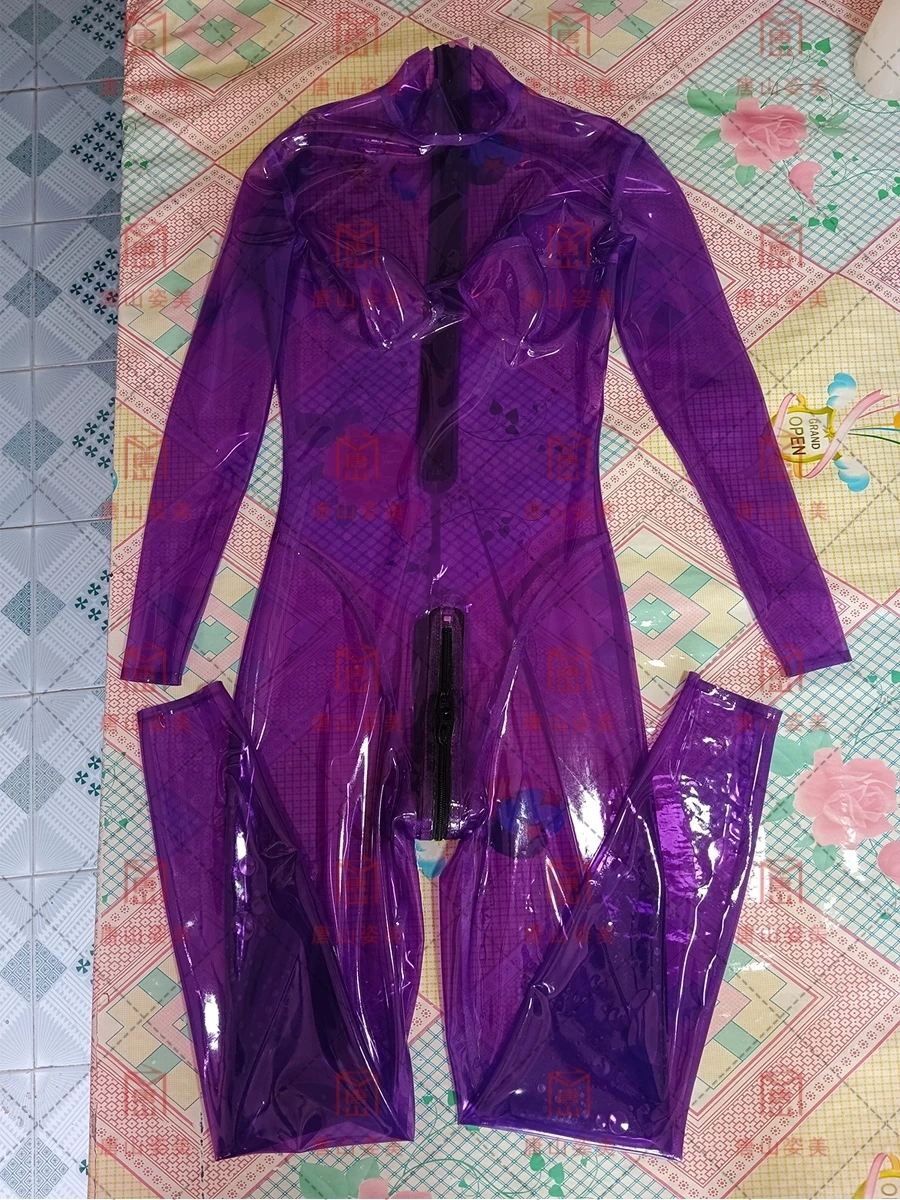 

Transparent purple latex catsuit high neck back zip 0.4mm