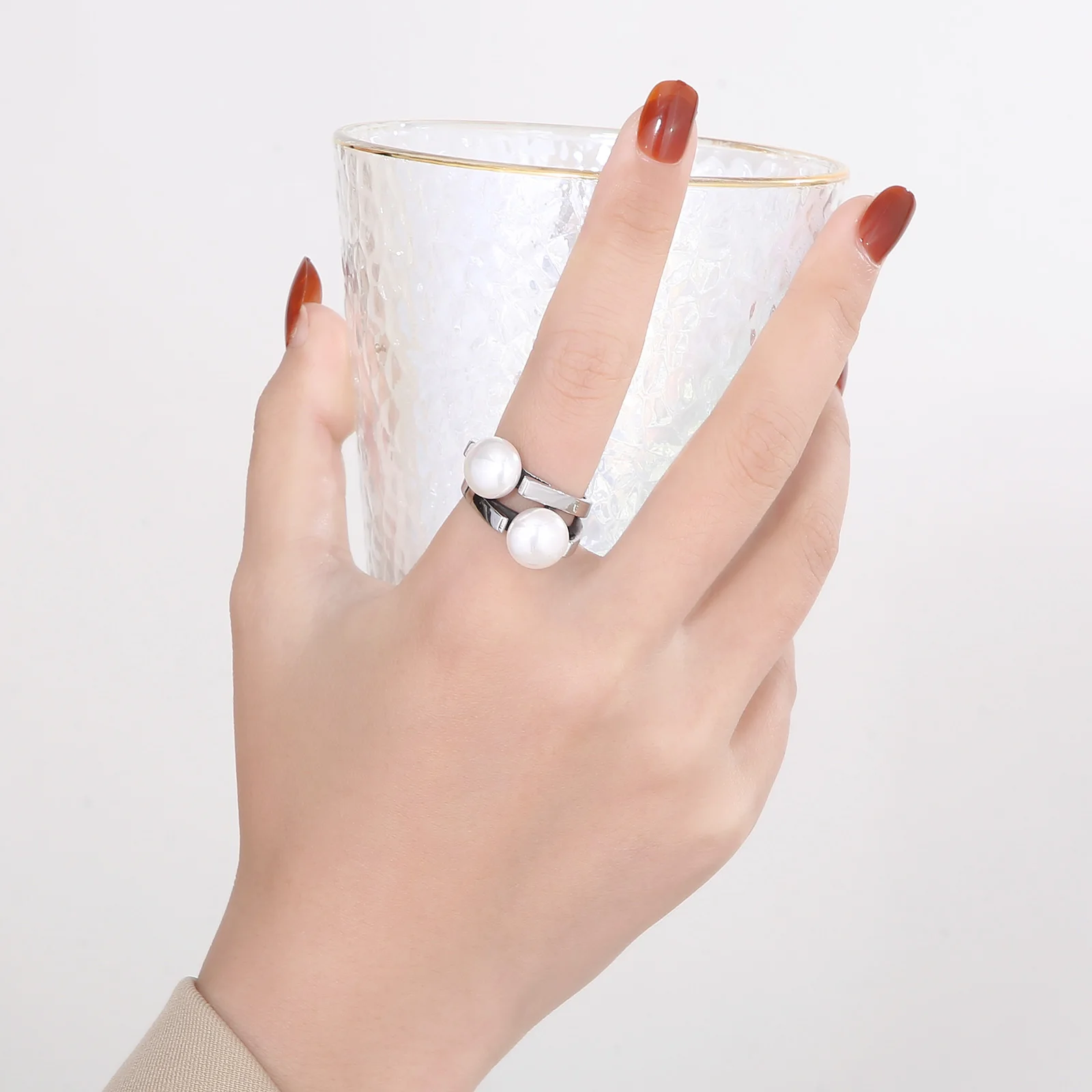 BURSONG #6 - #9 Natural Pearl Ring for Women Geometric Split Shank Stainless Steel Statement Jewelry - KR106052-KC