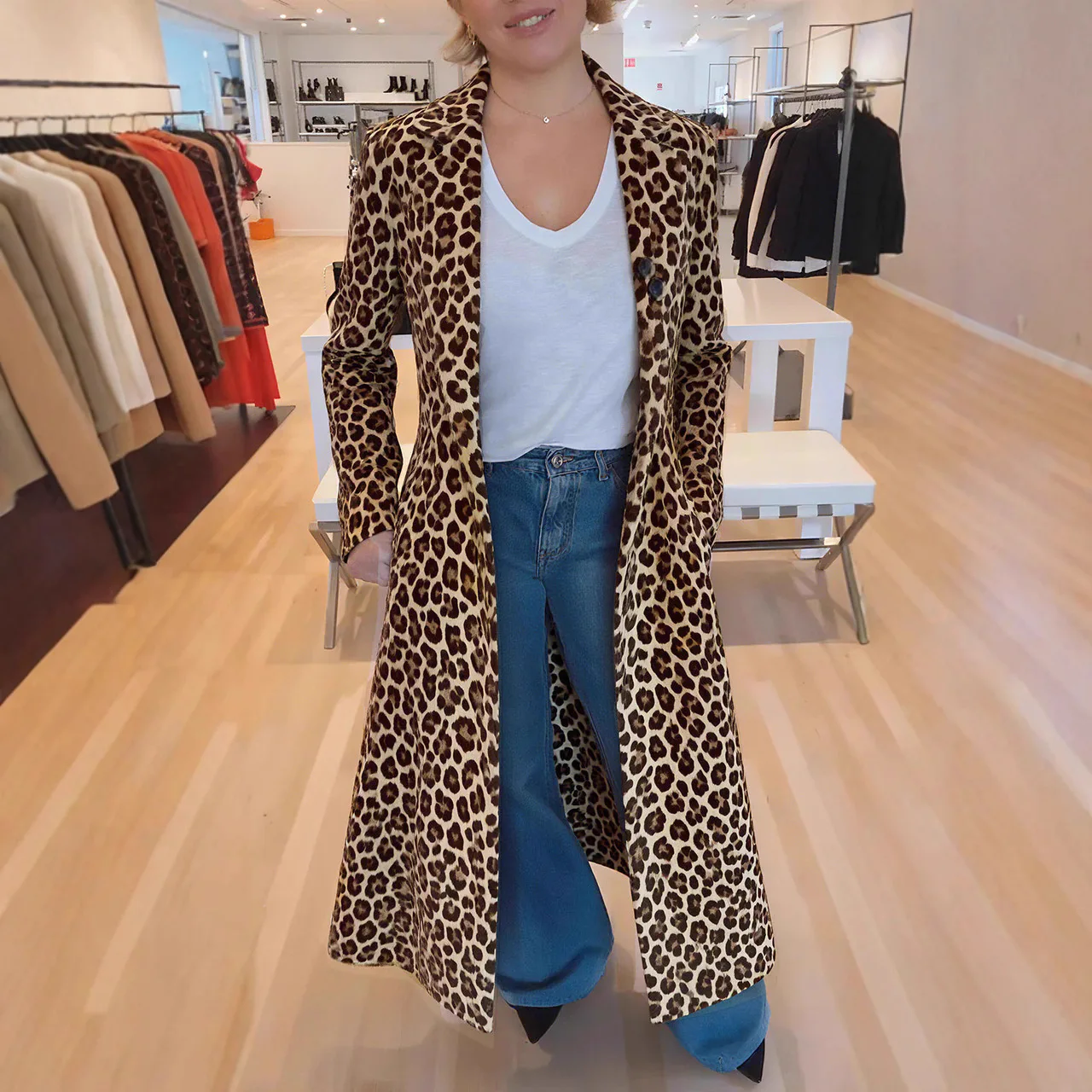 Autumn Winter Leopard Print Lapel Trench Coat Women's Casual Commuter Outerwear